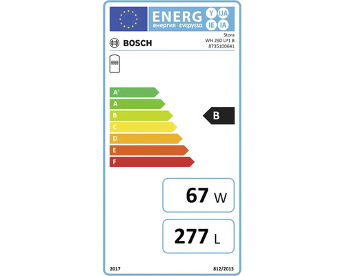 Bosch Logo. Europäisches Energielabel für Warmwasserspeicher, Energieeffizienzklasse B, 67 Watt Wärmeverlust, 277 Liter Speichervolumen.