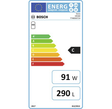 Bosch Logo. EU-Energielabel für Warmwasserspeicher Stora HR300. Energieeffizienzklasse C, Warmhalteverlust 91 Watt, Volumen 290 Liter.