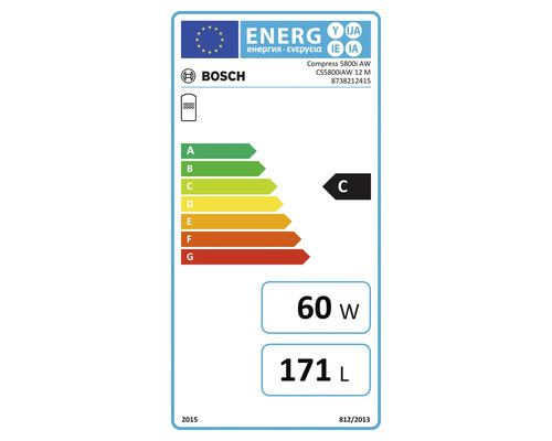 EU-Energielabel für Bosch Wärmepumpe Compress 5800i AW, Energieeffizienzklasse C, 171 Liter, 60 Watt.
