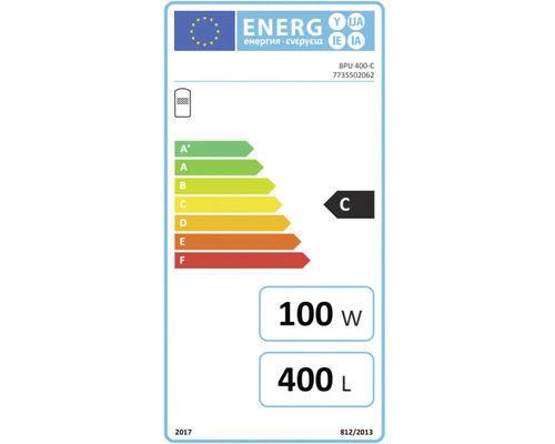 EU-Energielabel für Warmwasserspeicher Modell BPU 400-C, Energieeffizienzklasse C, 100 Watt, 400 Liter.