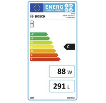 Europäisches Energielabel für Bosch Stora SWDP 300-2 O C. Energieeffizienzklasse C, Warmhalteverlust 88 Watt, Speichervolumen 291 Liter.