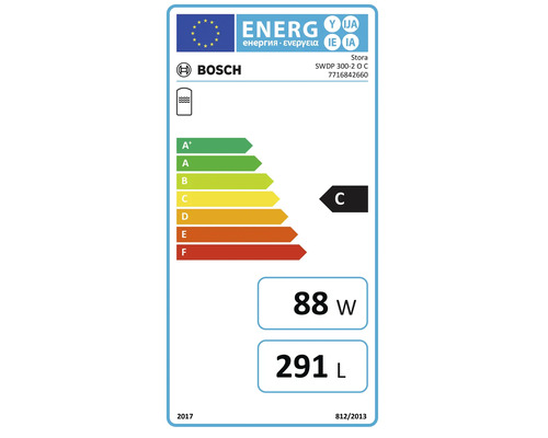 Europäisches Energielabel für Bosch Stora SWDP 300-2 O C. Energieeffizienzklasse C, Warmhalteverlust 88 Watt, Speichervolumen 291 Liter.