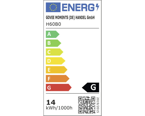 Energielabel für Govee Moments H60B0, Energieeffizienzklasse G, 14 Kilowattstunden pro 1000 Stunden.