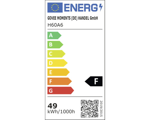 EU-Energielabel für Govee Moments Modell H60A6, Energieeffizienzklasse F, 49 Kilowattstunden pro tausend Stunden.