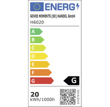 Europäisches Energielabel für Govee Moments H6020, Energieeffizienzklasse G, 20 Kilowattstunden pro 1000 Stunden.