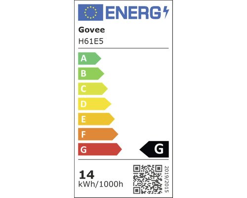 Govee H61E5 EU Energielabel Energieeffizienzklasse G bei 14 Kilowattstunden pro 1000 Stunden.