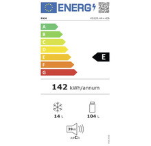 Energielabel Kühlschrank PKM KS120.4A++EB: Klasse E, 142 Kilowattstunden pro Jahr, 104 Liter Kühlraum, 14 Liter Gefrierraum, 39 Dezibel.