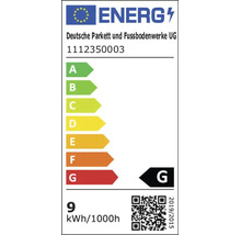 EU Energielabel Klasse G, Deutsche Parkett und Fussbodenwerke UG Modell 1112350003, Energieverbrauch 9 Kilowattstunden pro 1000 Stunden.