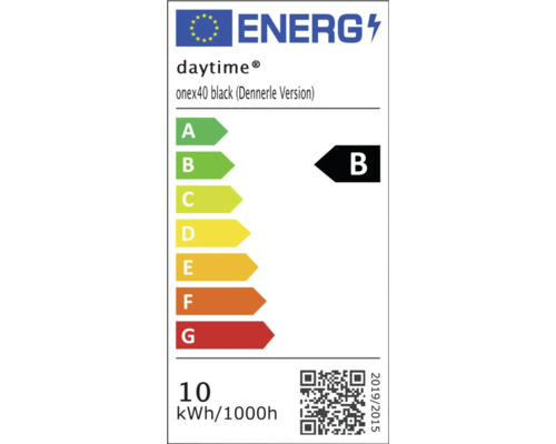 EU-Energielabel für daytime onex40 black Dennerle Version, Energieeffizienzklasse B, Energieverbrauch 10 Kilowattstunden pro 1000 Stunden.