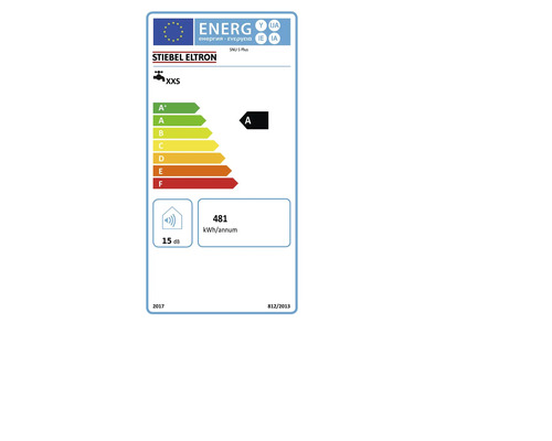 EU Energie-Label für Stiebel Eltron SNU 5 Plus, Energieeffizienzklasse A, Lastprofil XXS, 481 Kilowattstunden pro Jahr, 15 Dezibel.