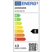 EU Energielabel für ANSMANN LED-Strip-Reel 25 Meter, Energieeffizienzklasse E, Energieverbrauch 13 Kilowattstunden pro 1000 Stunden.
