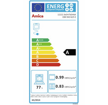 Energieetikett der Europäischen Union, Amica Backofen EBX 943 625 E, Energieklasse A, 77 Liter Volumen, 0,99 Kilowattstunden pro Zyklus.