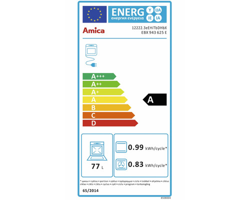 Energieetikett der Europäischen Union, Amica Backofen EBX 943 625 E, Energieklasse A, 77 Liter Volumen, 0,99 Kilowattstunden pro Zyklus.