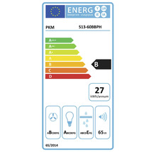 EU-Energielabel für PKM Dunstabzugshaube S13-60BBPH mit Energieeffizienzklasse B, 27 Kilowattstunden pro Jahr und 65 Dezibel.