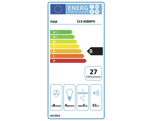 EU-Energielabel für PKM Dunstabzugshaube S13-60BBPH mit Energieeffizienzklasse B, 27 Kilowattstunden pro Jahr und 65 Dezibel.