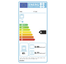 Energieetikett PKM Backofen F7-2SA. Energieklasse A, Volumen 65 Liter. Verbrauch konventionell 0,99 und Umluft 0,77 Kilowattstunden pro Zyklus.