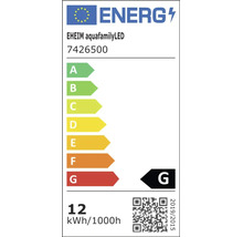Europäisches Energielabel für EHEIM aquafamilyLED, Energieeffizienzklasse G, Energieverbrauch 12 Kilowattstunden pro 1000 Stunden.