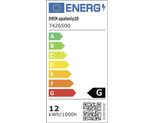 Europäisches Energielabel für EHEIM aquafamilyLED, Energieeffizienzklasse G, Energieverbrauch 12 Kilowattstunden pro 1000 Stunden.