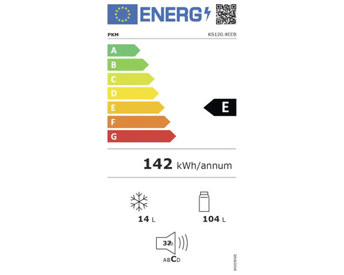Energielabel PKM KS120.4EEB, Klasse E, 142 Kilowattstunden pro Jahr, 104 Liter Kühlraum, 14 Liter Gefrierraum, 37 Dezibel.