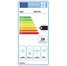 Energieetikett für PKM 6091-BH, Energieeffizienzklasse B, 28 Kilowattstunden pro Jahr, Beleuchtungseffizienzklasse A, Geräuschpegel 64 Dezibel.