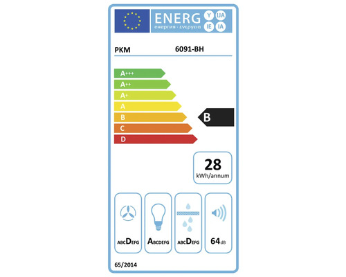 Energieetikett für PKM 6091-BH, Energieeffizienzklasse B, 28 Kilowattstunden pro Jahr, Beleuchtungseffizienzklasse A, Geräuschpegel 64 Dezibel.