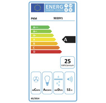 EU-Energielabel für PKM 9039Y1 Dunstabzugshaube, Energieeffizienzklasse A, 25 Kilowattstunden pro Jahr, 52 Dezibel.