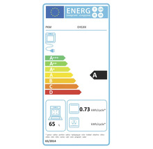 Europäisches Energielabel für Backofen PKM EHS3IX, Klasse A, 65 Liter, 0,73 Kilowattstunden pro Zyklus.