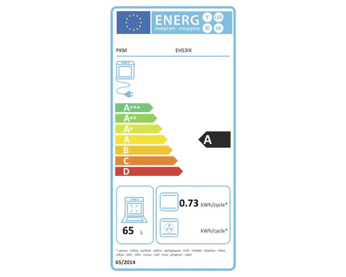Europäisches Energielabel für Backofen PKM EHS3IX, Klasse A, 65 Liter, 0,73 Kilowattstunden pro Zyklus.