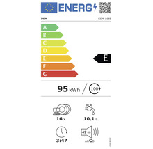 Energielabel für PKM Geschirrspüler GSM-168E, Klasse E, 95 Kilowattstunden pro 100 Zyklen, 16 Maßgedecke, 10,1 Liter Wasser, 49 Dezibel.