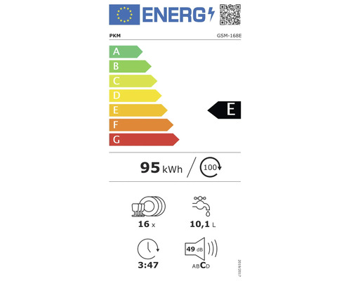 Energielabel für PKM Geschirrspüler GSM-168E, Klasse E, 95 Kilowattstunden pro 100 Zyklen, 16 Maßgedecke, 10,1 Liter Wasser, 49 Dezibel.