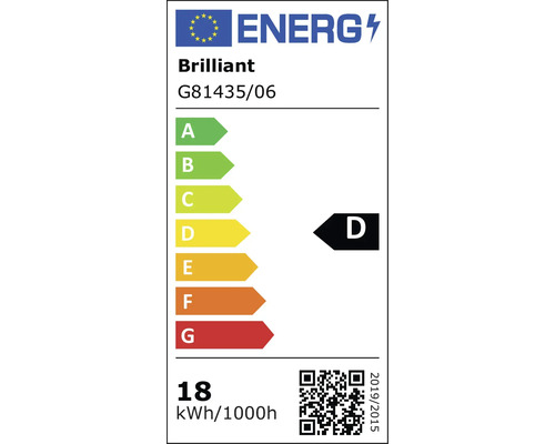 EU-Energielabel für Brilliant G81435/06, Energieeffizienzklasse D, Energieverbrauch 18 Kilowattstunden pro 1000 Stunden.