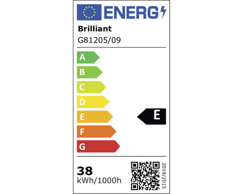 Europäisches Energielabel der Klasse E für die Leuchte Brilliant G81205/09 mit 38 Kilowattstunden pro 1000 Stunden.