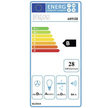 PKM Logo, Modell 6091H, Energieeffizienzklasse B, 28 Kilowattstunden pro Jahr, Fluiddynamik D, Beleuchtung A, Fettabscheidung D, 64 Dezibel.