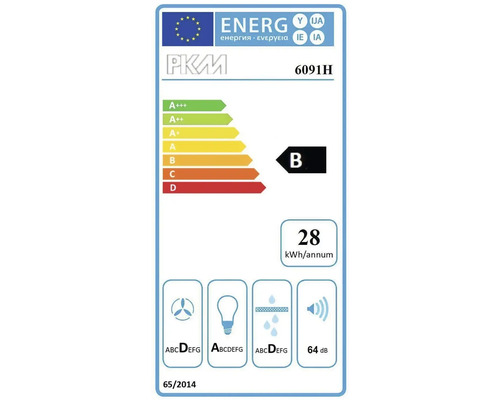 PKM Logo, Modell 6091H, Energieeffizienzklasse B, 28 Kilowattstunden pro Jahr, Fluiddynamik D, Beleuchtung A, Fettabscheidung D, 64 Dezibel.