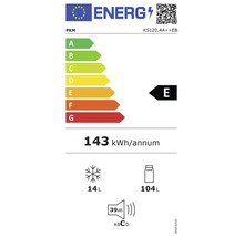 PKM Energieeffizienzlabel KS120.4A++EB, Klasse E, 143 Kilowattstunden pro Jahr, 14 Liter Gefrieren, 104 Liter Kühlen, 39 Dezibel, Geräuschklasse C.
