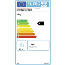 Energielabel für Stiebel Eltron SHZ 30 LCD mit Energieeffizienzklasse A, jährlichem Verbrauch von 480 Kilowattstunden und 15 Dezibel.