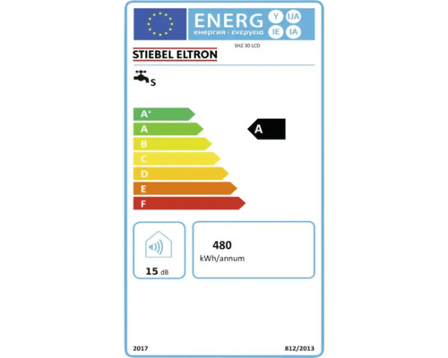 Energielabel für Stiebel Eltron SHZ 30 LCD mit Energieeffizienzklasse A, jährlichem Verbrauch von 480 Kilowattstunden und 15 Dezibel.