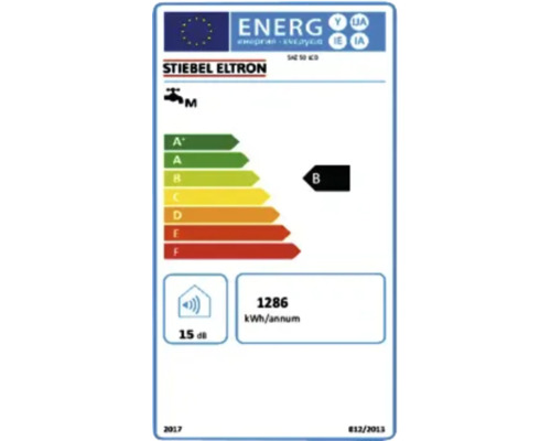 EU-Energielabel für Stiebel Eltron Warmwasserspeicher mit Energieeffizienzklasse B, 1286 kWh pro Jahr und 15 dB.