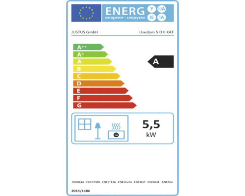 Energieeffizienzlabel für Justus Usedom 5 D II KAT Kaminofen mit Energieeffizienzklasse A und einer Nennwärmeleistung von 5,5 Kilowatt.