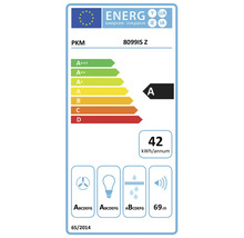 EU Energieeffizienzlabel für PKM 8099IS Z Dunstabzugshaube mit Effizienzklasse A und Energieverbrauch von 42 Kilowattstunden pro Jahr.