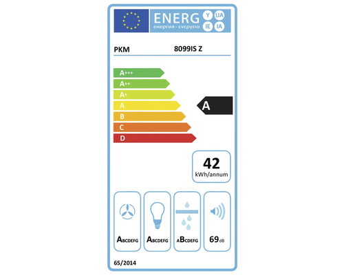 EU Energieeffizienzlabel für PKM 8099IS Z Dunstabzugshaube mit Effizienzklasse A und Energieverbrauch von 42 Kilowattstunden pro Jahr.
