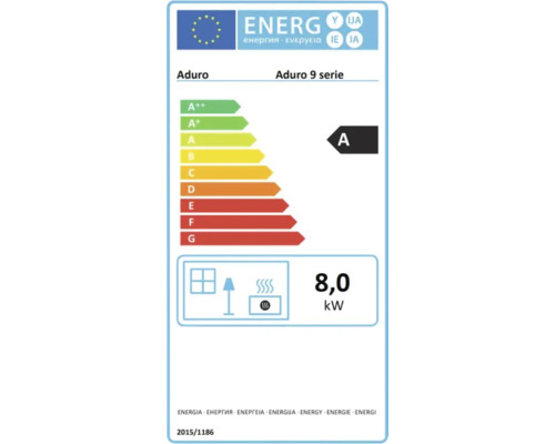 EU Energieeffizienzlabel fuer Aduro 9 Serie Kaminofen mit Energieeffizienzklasse A und 8 Kilowatt Heizleistung.