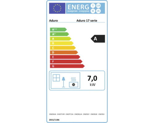 EU Energieeffizienzlabel für Aduro 17 Serie Kaminofen mit Energieeffizienzklasse A und 7,0 Kilowatt Nennwärmeleistung.