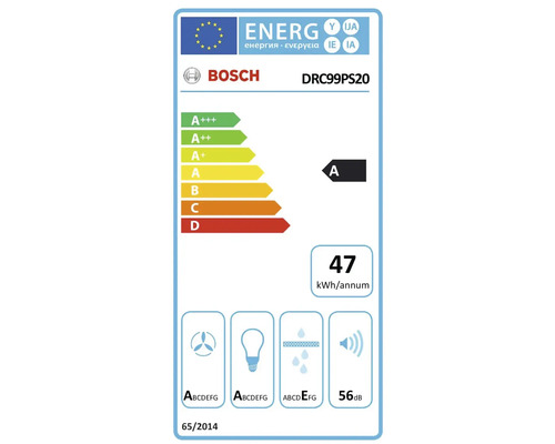 Bosch DRC99PS20 EU Energieeffizienzlabel mit Klasse A und 47 kWh pro Jahr sowie Lautstärke von 56 Dezibel.