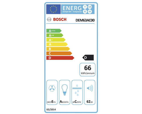 Bosch DEM63AC00 Energieeffizienzlabel mit Energieeffizienzklasse D und einem Jahresverbrauch von 66 Kilowattstunden.