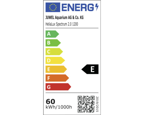 EU Energieeffizienzlabel für Juwel HeliaLux Spectrum 2.0 1200 Aquariumleuchte mit Energieeffizienzklasse E und Verbrauch von 60 kWh pro 1000 Stunden.