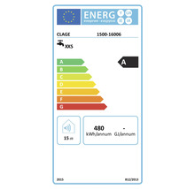 EU Energieeffizienzlabel fuer Clage 1500-16006 Durchlauferhitzer, Klasse A, XXS Lastprofil, 15 Dezibel und 480 Kilowattstunden pro Jahr.