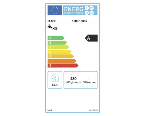 EU Energieeffizienzlabel fuer Clage 1500-16006 Durchlauferhitzer, Klasse A, XXS Lastprofil, 15 Dezibel und 480 Kilowattstunden pro Jahr.