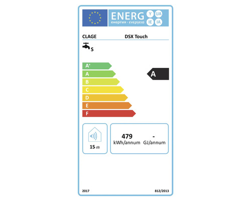 Energieeffizienzlabel fuer Clage DSX Touch Durchlauferhitzer mit Energieeffizienzklasse A