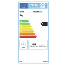 Energieeffizienzlabel für Clage Durchlauferhitzer DBX18 Next mit Energieeffizienzklasse A und 15 Dezibel Schallleistungspegel